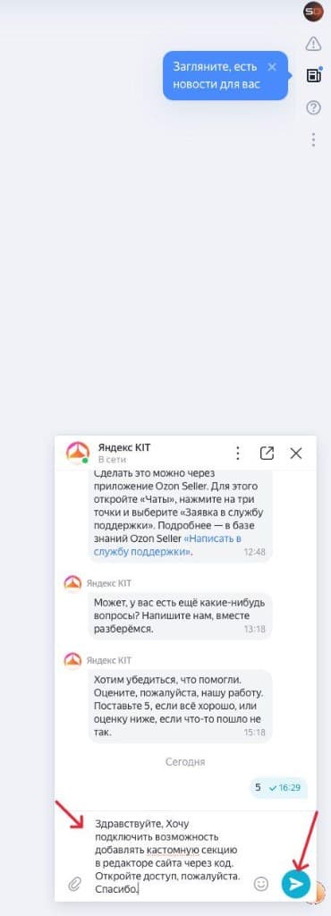 Запрос доступа к кастомным секциям в чате поддержки Яндекс KIT